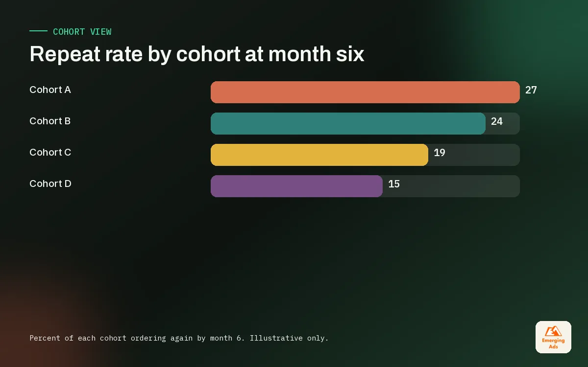 Bar chart showing share of each customer cohort that ordered again within six months