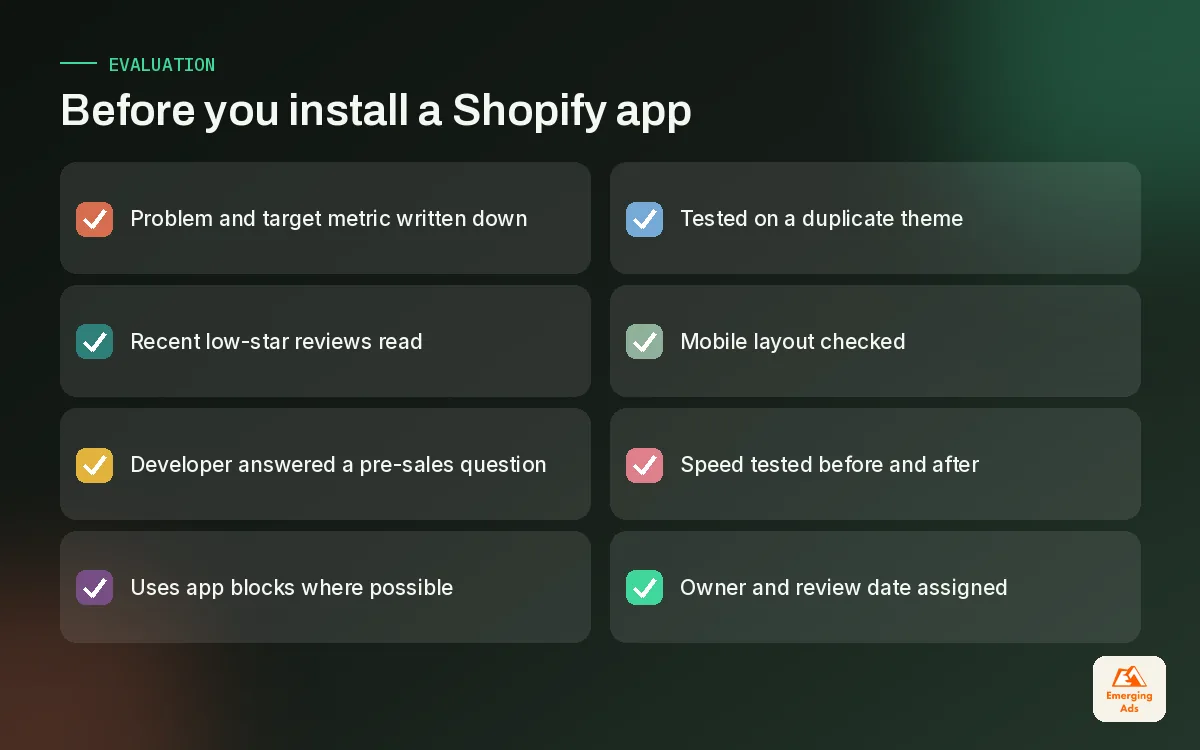 Checklist for evaluating a Shopify app before installing it on a live store
