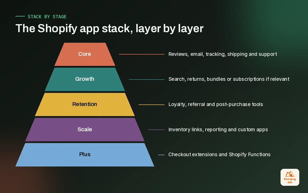 Pyramid showing the Shopify app stack built up by store stage, from core jobs to advanced tools