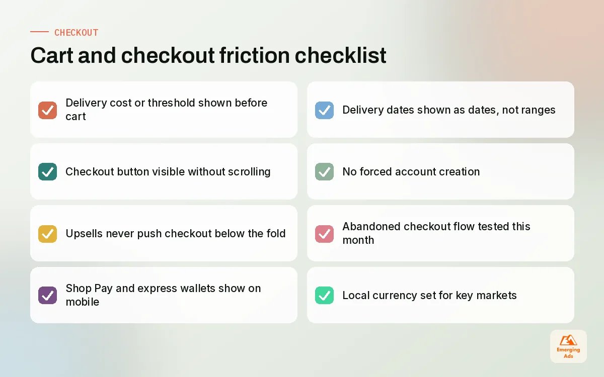 Checklist of Shopify cart and checkout friction fixes including early delivery costs, express payments and recovery emails