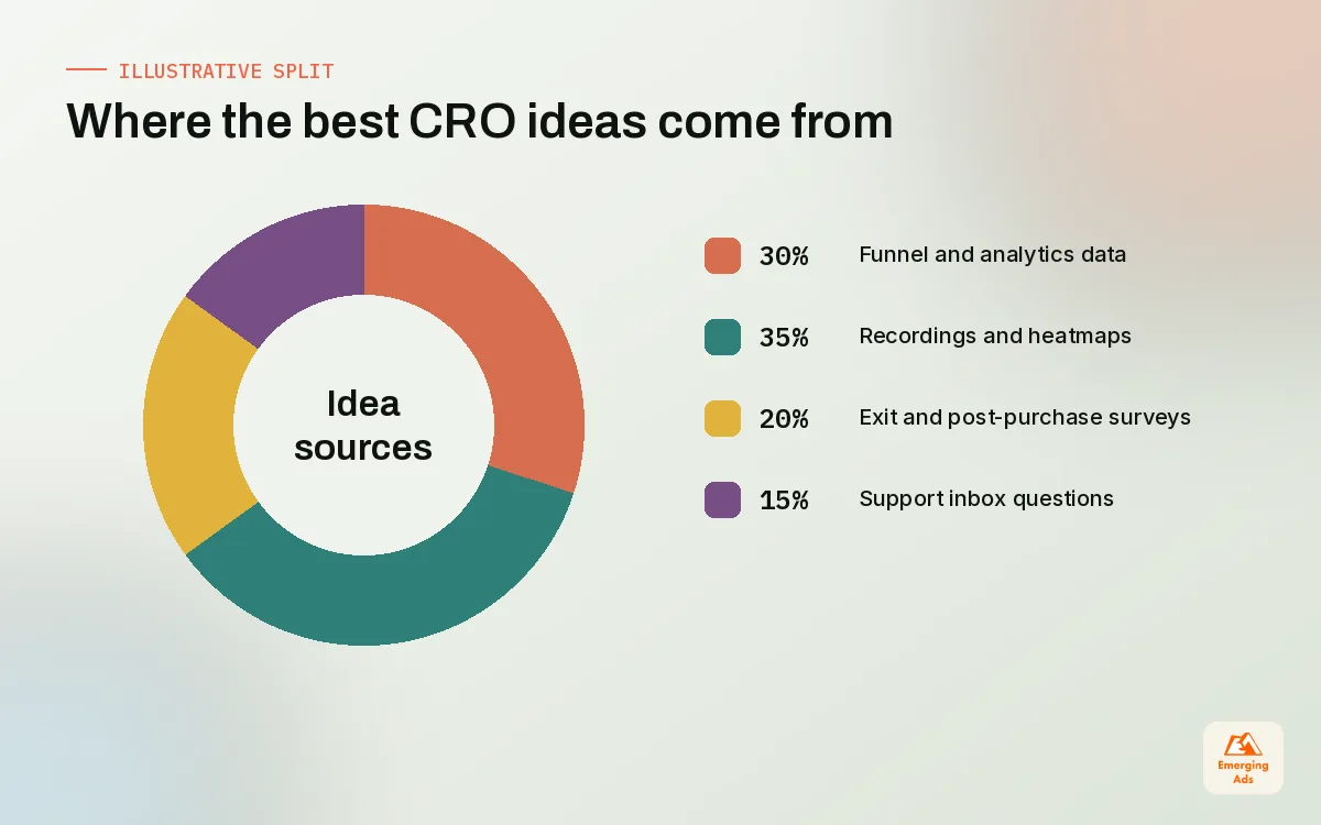 Donut chart showing an illustrative split of where our best Shopify CRO ideas come from across analytics, recordings, surveys and support
