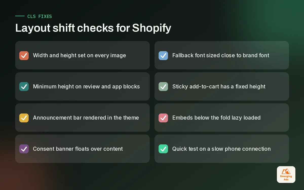 Checklist of layout shift fixes for Shopify stores including image dimensions, app block heights and floating banners