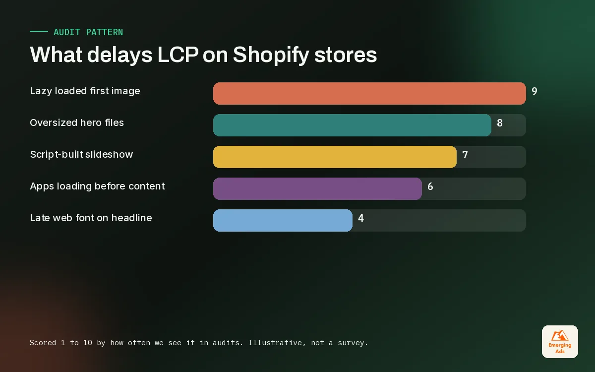 Bar chart of the most common causes of slow Largest Contentful Paint on Shopify stores, led by lazy loaded hero images