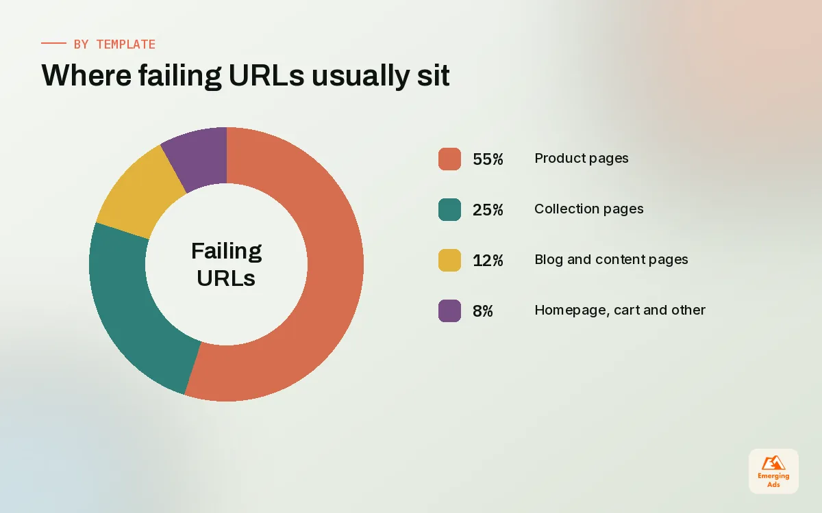 Donut chart showing which Shopify templates hold most failing URLs, with product and collection pages taking the largest share