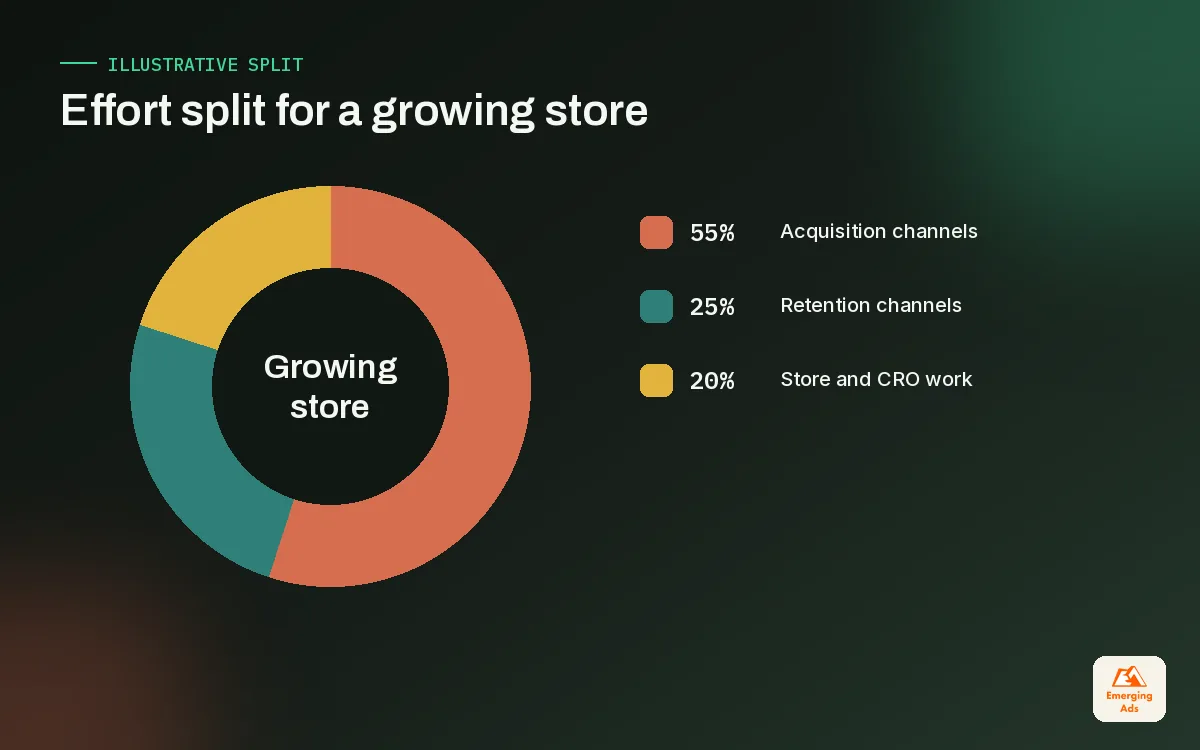 Donut chart showing an illustrative Shopify marketing effort split for a growing store across acquisition, retention and conversion work
