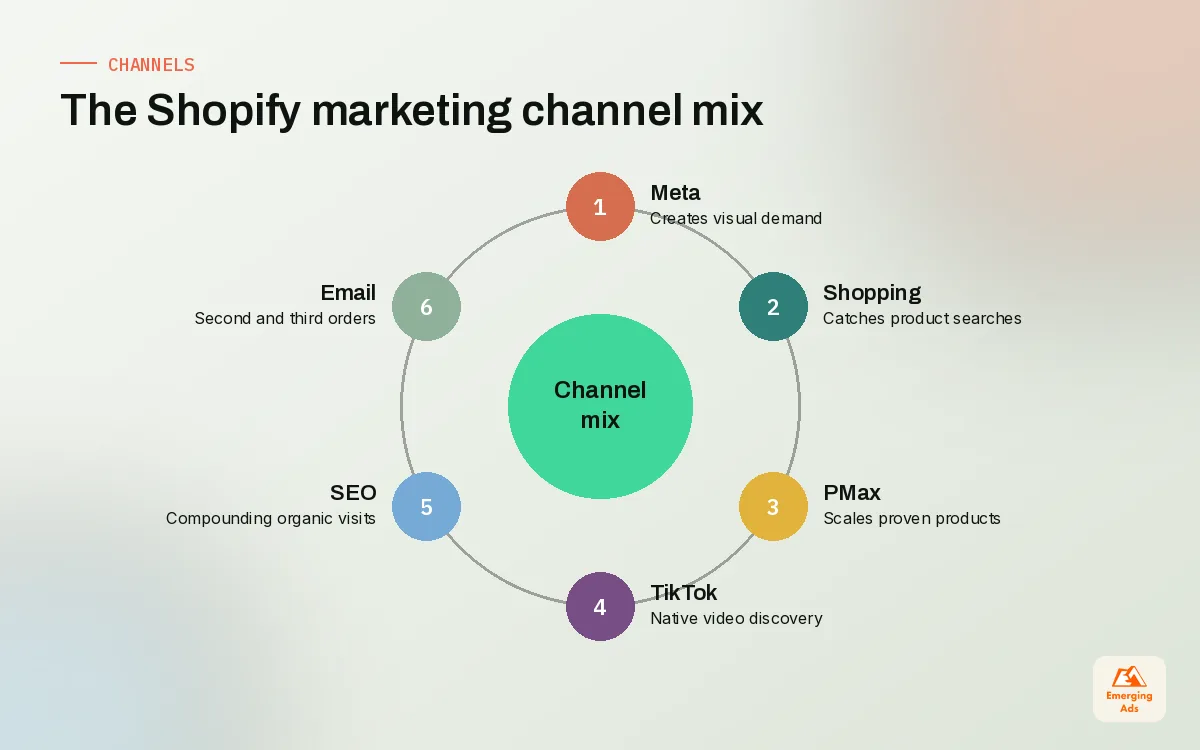 Wheel of Shopify marketing channels including Meta, Google Shopping, Performance Max, TikTok, SEO and email