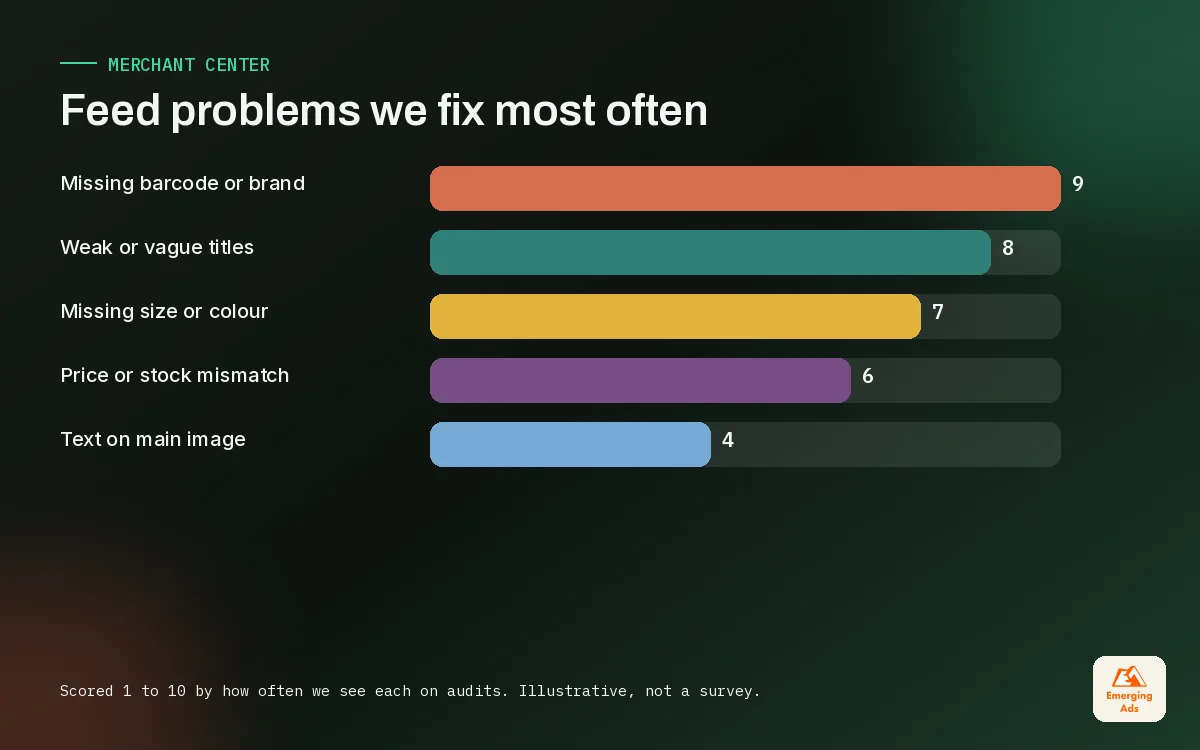 Bar chart of the most common Shopify feed problems we see in Google Merchant Center and Meta catalogues
