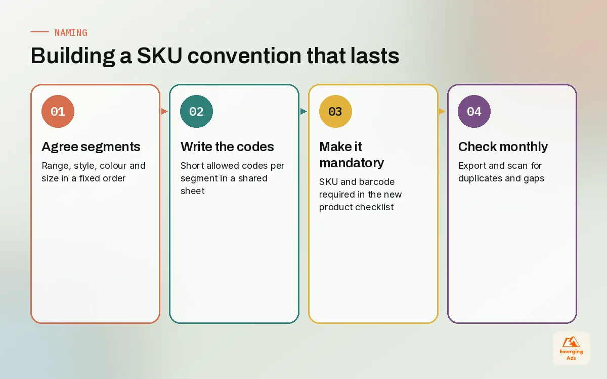 Step diagram for building a consistent Shopify SKU naming convention