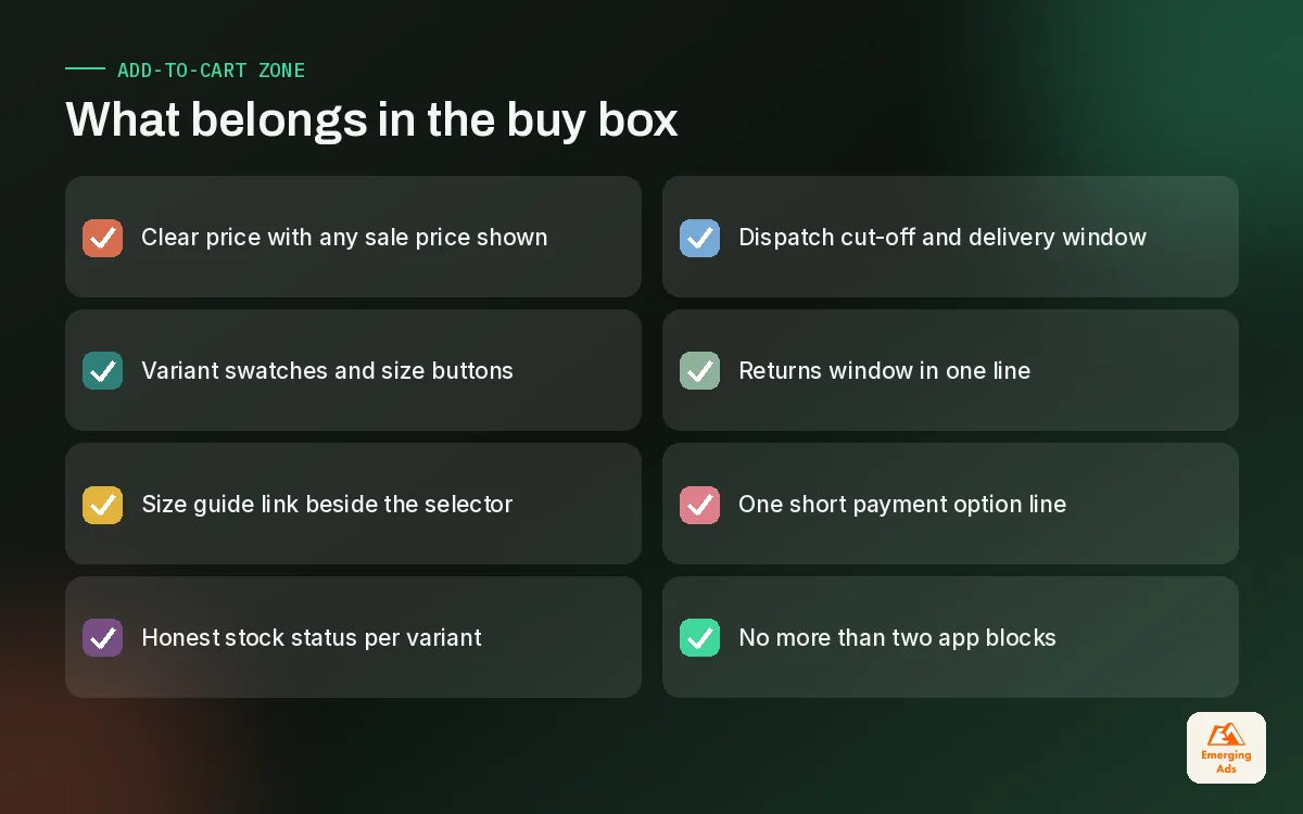 Checklist of the elements that belong in the add-to-cart area of a Shopify product page