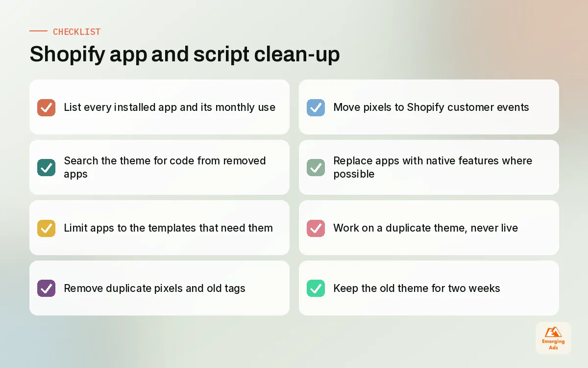 Checklist for auditing Shopify apps, leftover theme code and duplicate tracking scripts