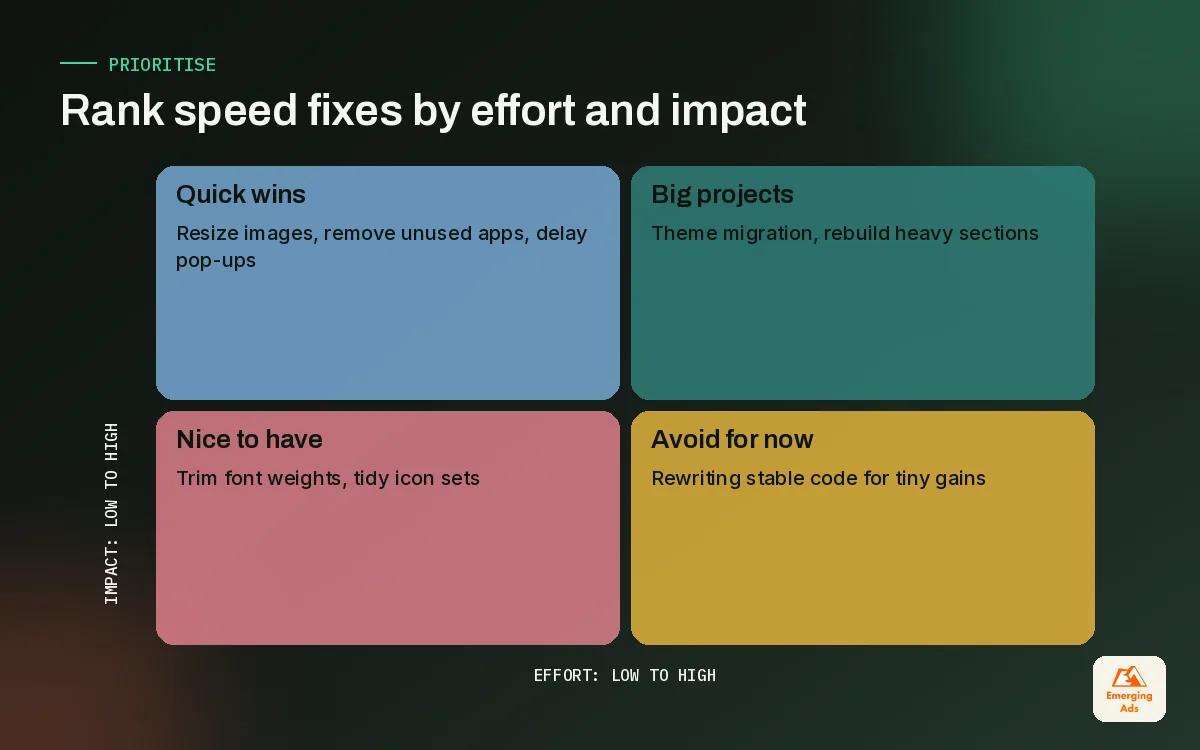 Effort versus impact matrix for Shopify speed fixes, with image resizing and app removal as quick wins