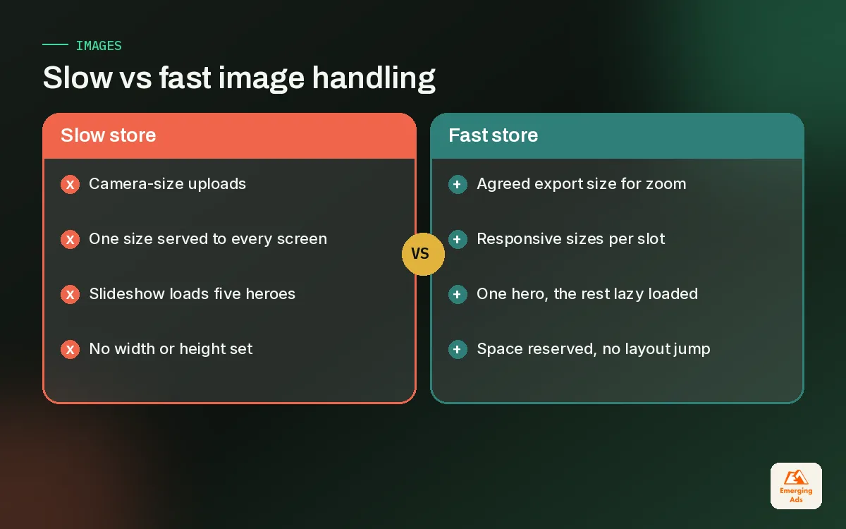 Comparison of slow and fast Shopify image handling, from camera-size uploads to responsive sizes