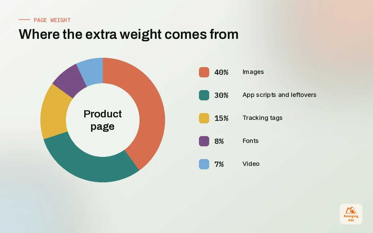 Donut chart showing a typical split of page weight on a slow Shopify product page across images, apps, tracking, fonts and video