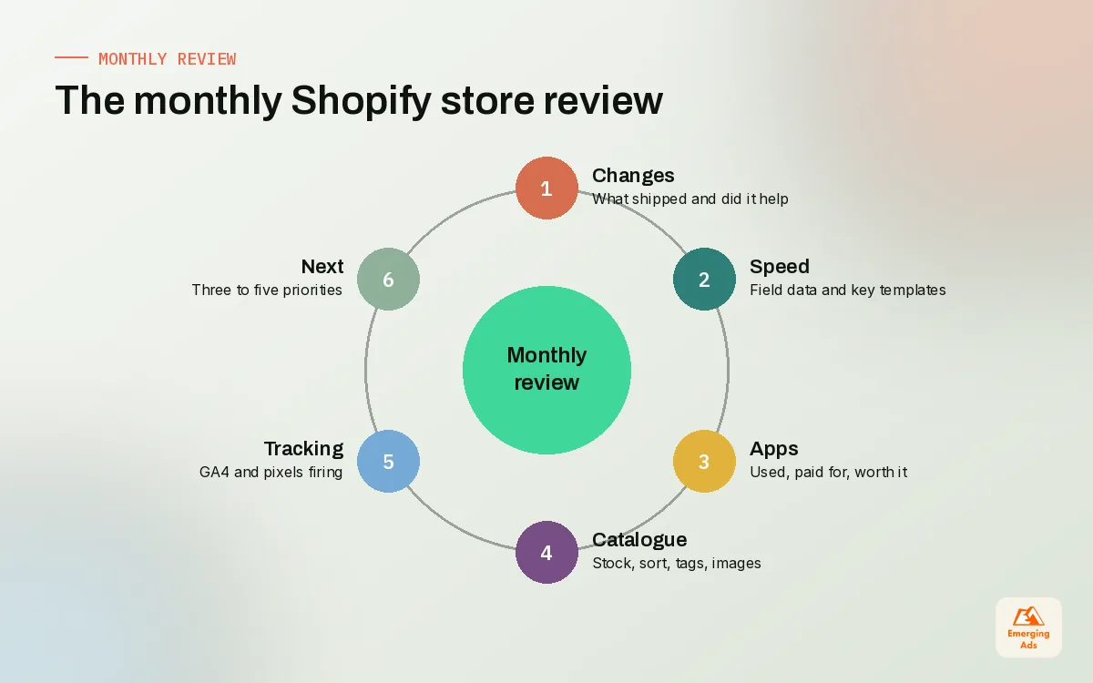 Wheel diagram of the monthly Shopify store review covering changes, speed, apps, catalogue, tracking and next priorities