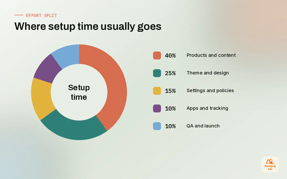 Donut chart showing how time is typically split across a Shopify store setup project