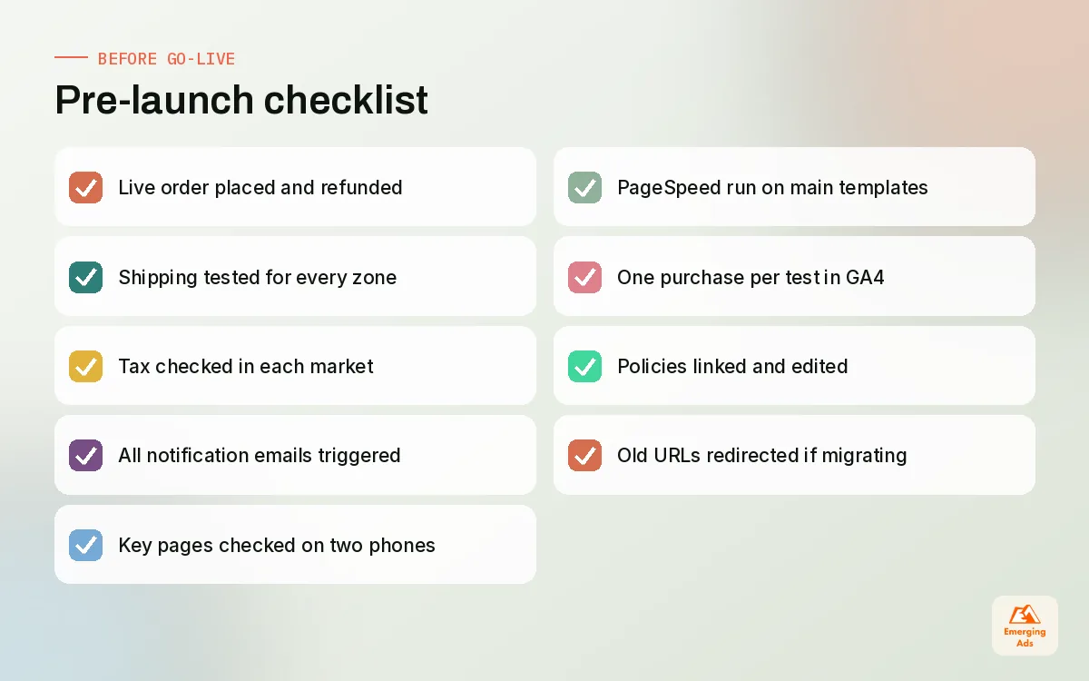 Pre-launch checklist for a new Shopify store covering checkout, shipping, tax, emails and tracking