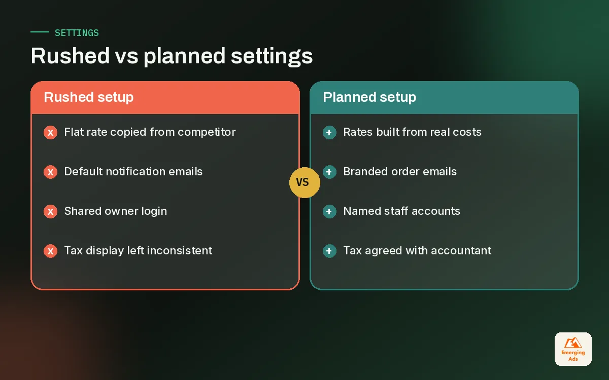 Comparison of rushed Shopify settings versus properly configured settings at launch
