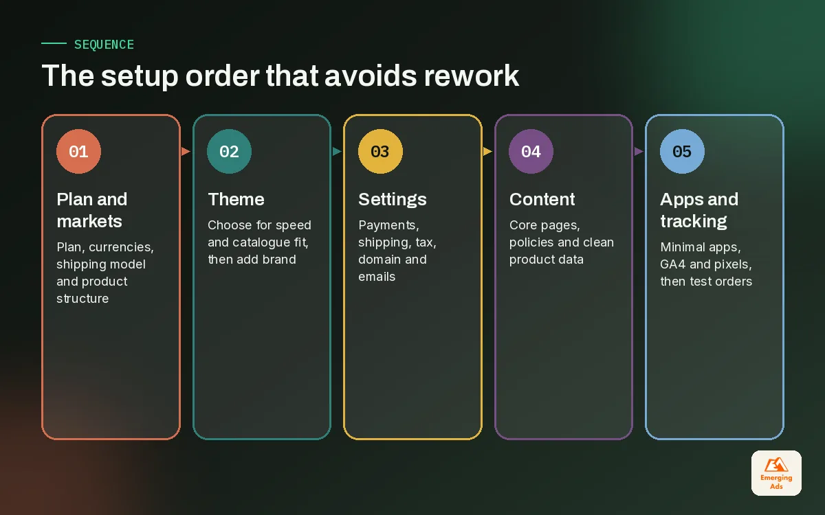 Five step sequence for Shopify store setup from plan to launch