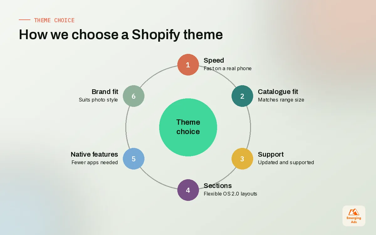 Wheel of criteria for choosing a Shopify theme for a new store